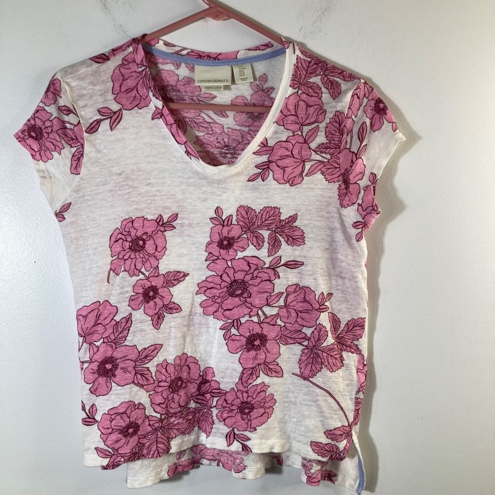 Womens Cynthia Rowley Floral Linen Tee Shirt White Pink M Linen